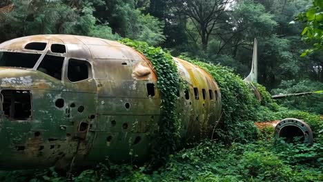 un avión que está sentado en el medio de un bosque