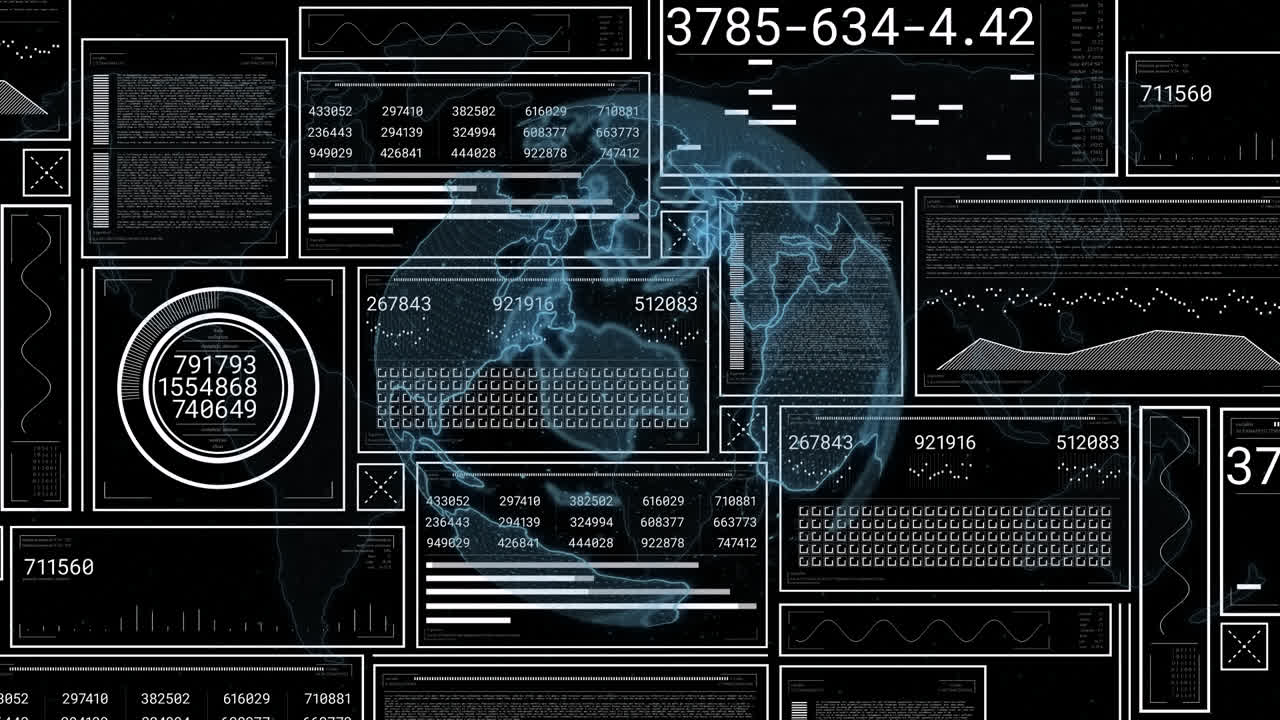 Animation of interface with data processing over spinning globe against black background