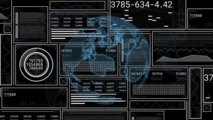 Animation of interface with data processing over spinning globe against black background