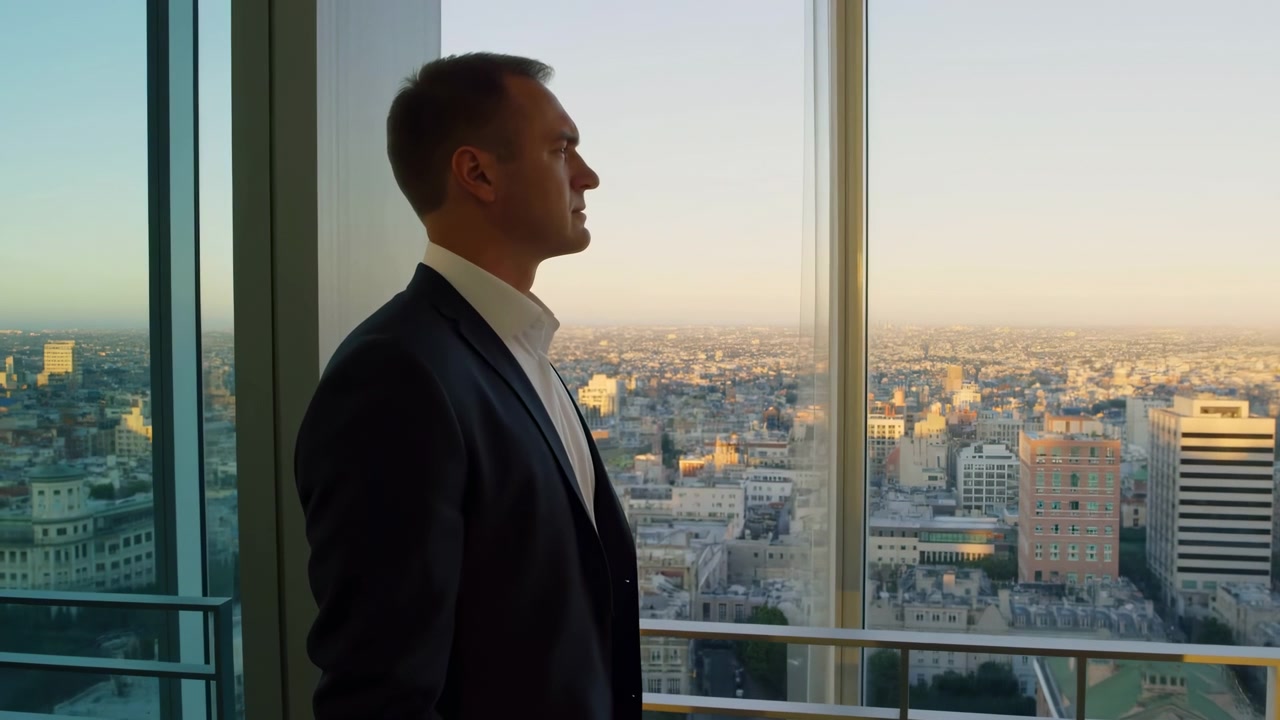 Un solo hombre en traje de pie junto a la ventana, contemplando el horizonte de la ciudad, atmósfera profesional y contemplativa en una oficina moderna con detalles de vidrio y metal, entorno corporativo urbano.