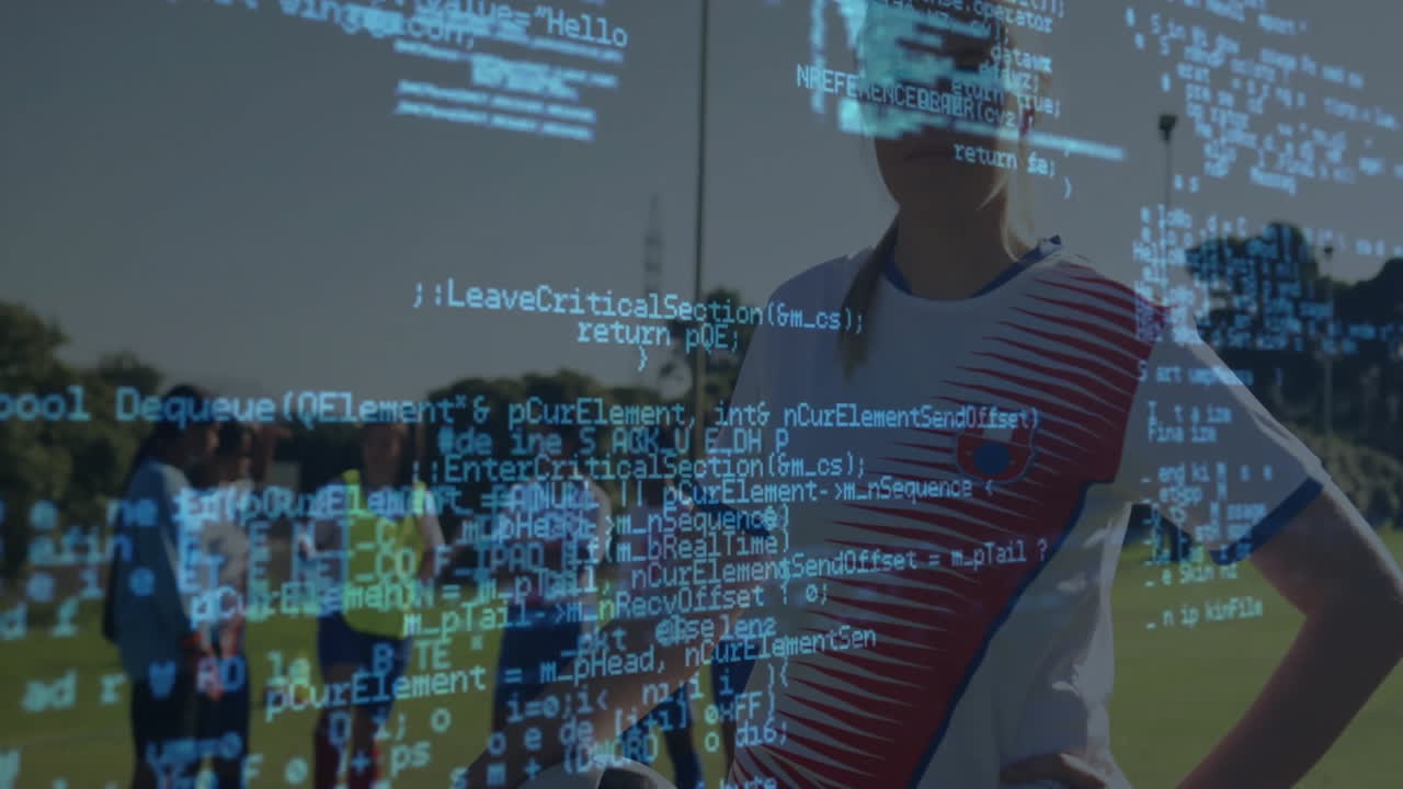 female soccer player standing on pitch with technology tracking and data overlay sweeping