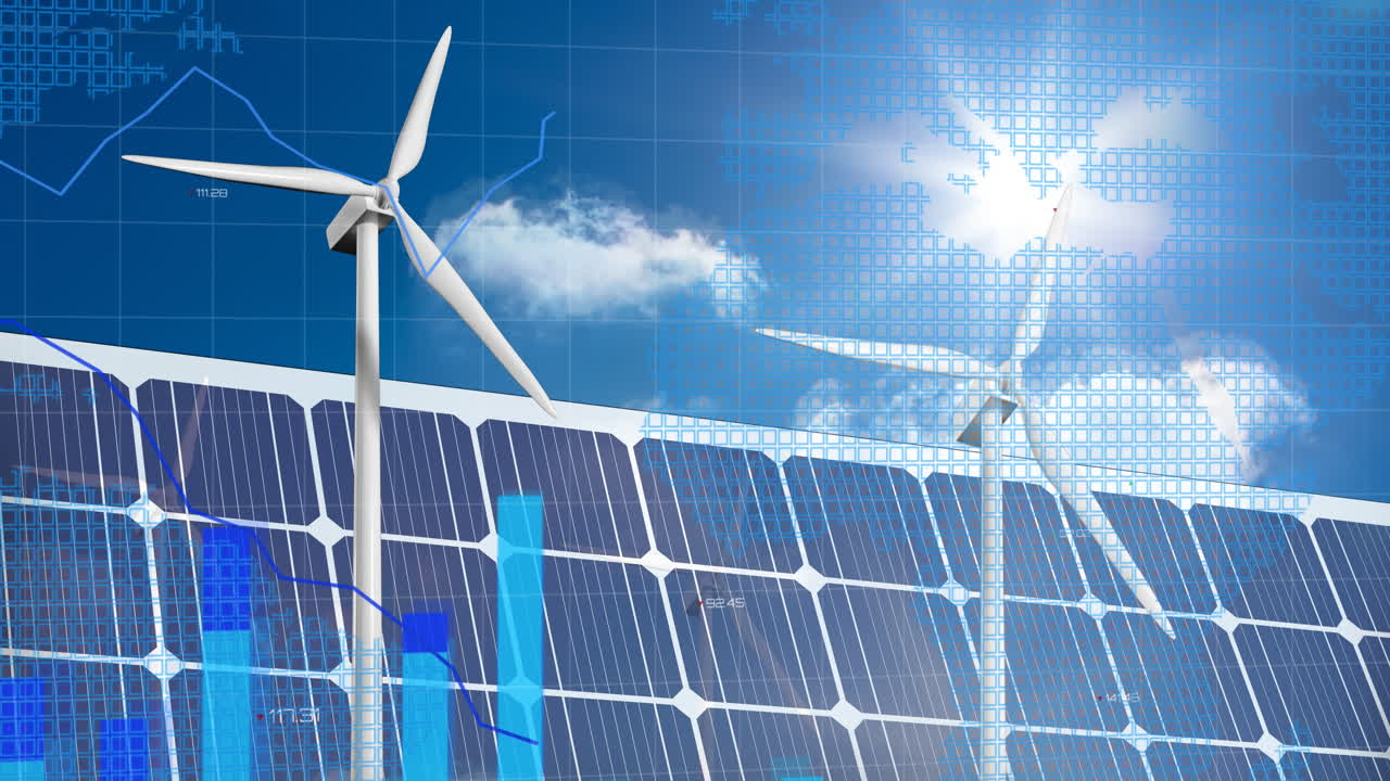 Financial data processing against solar panel and windmill in background