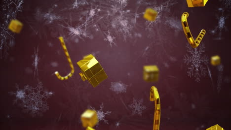 animación de regalos de oro de navidad y cañas de caramelo cayendo sobre un fondo oscuro.