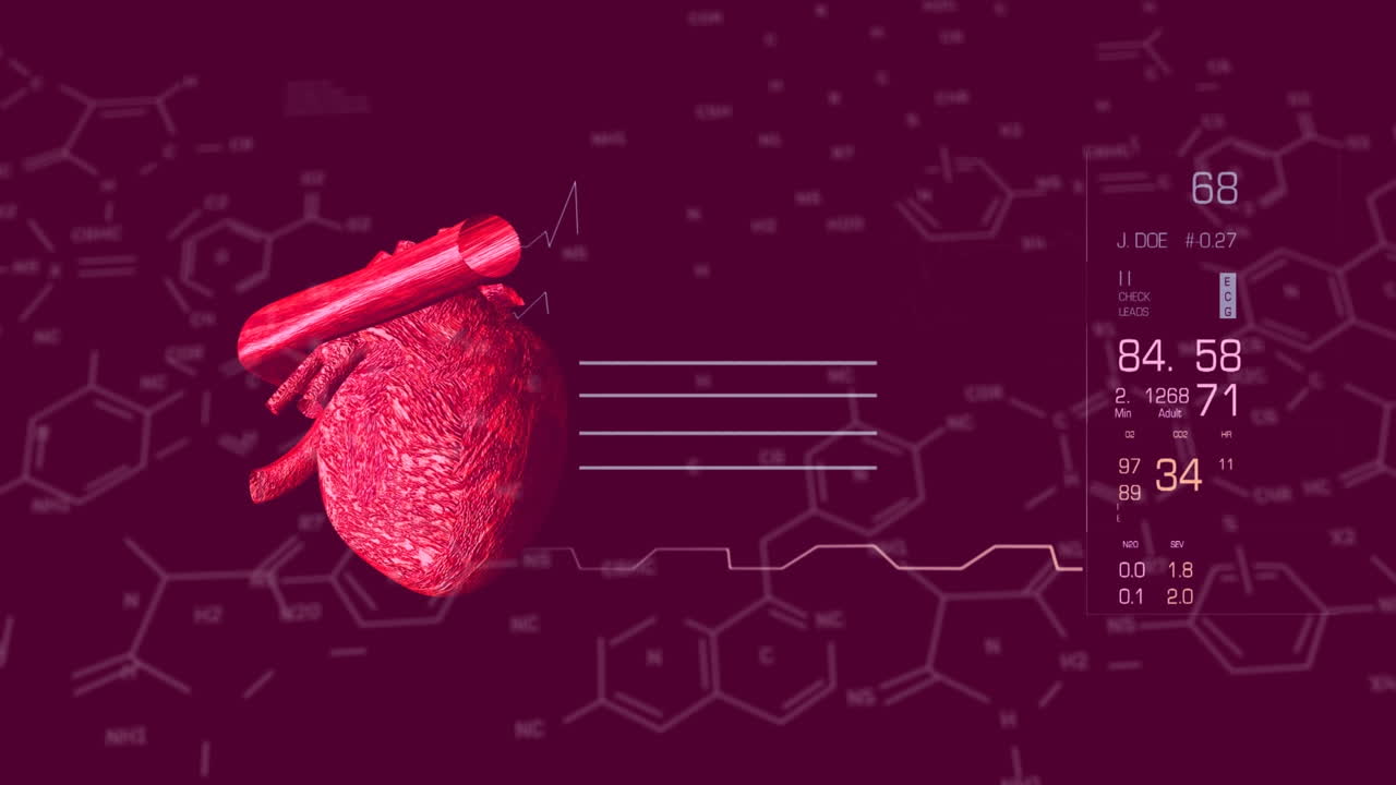 animación de fórmulas químicas sobre un modelo de corazón humano en un fondo oscuro