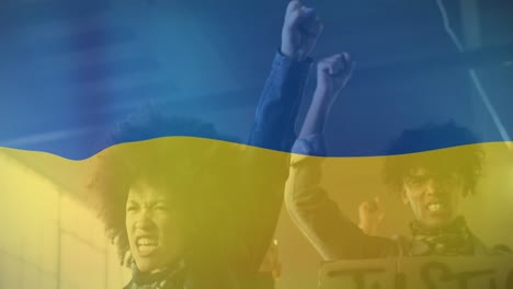 animation of flag of ukraine over african american male and female protesters