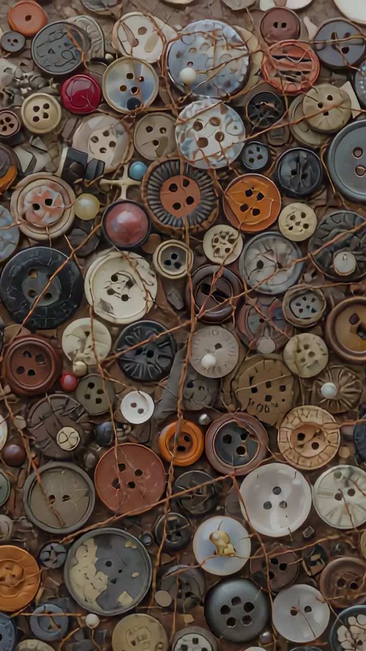Vertical video: Panning camera revealing button collage upward at craft display, showing twine