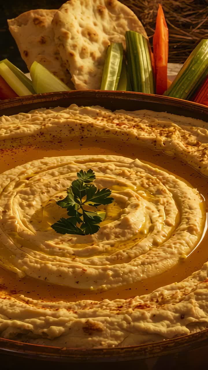 Video verticale: la camera si allontana rivelando una ciotola di hummus su legno scuro per mostrare pita e verdure