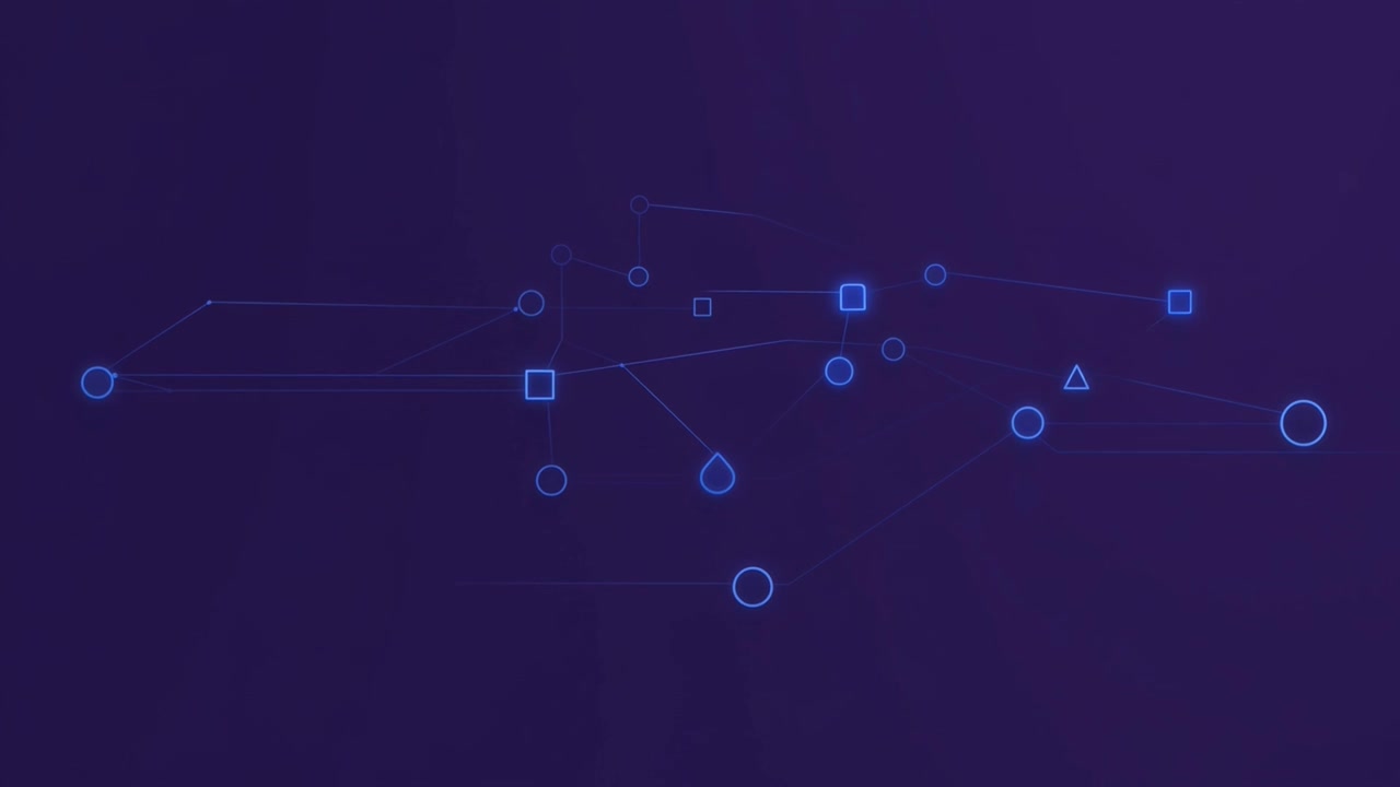 Abstract Digital Network Connecting Geometric Shapes on Purple Background