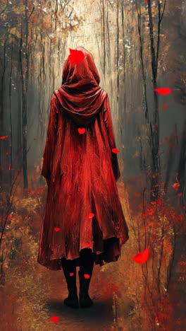 woman in red cloak walking through enchanted forest with flowers