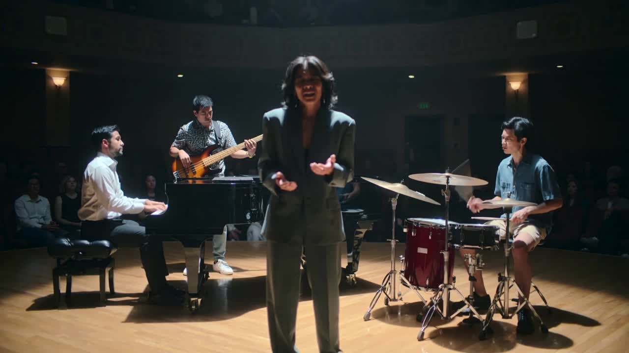 Hearing first chord, lead singer in dark suit stepping on concert stage with piano, projecting note