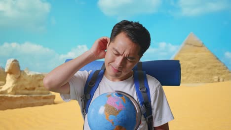 close up of asian male hiker with mountaineering backpack looking at world globe in his hands and making confused gesture while traveling in pyramid of giza