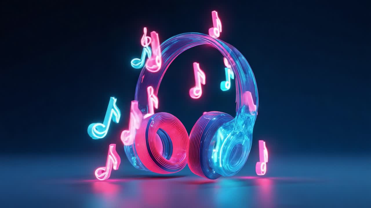 A Captivating Glimpse of Vibrant Headphones Surrounded by Floating Musical Notes, Symbolizing the Power of Music and Rhythm in Our Daily Lives with Neon Accents