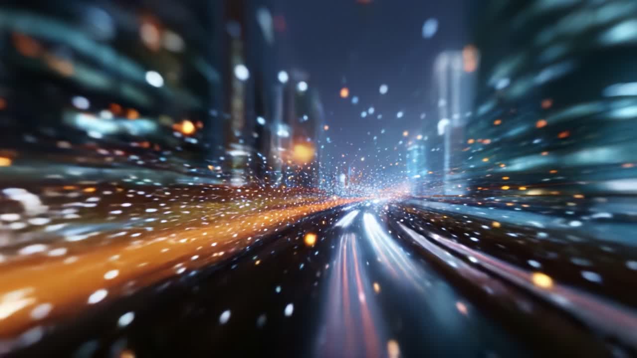 Paesaggio notturno urbano dinamico con luci sfocate ed effetti di movimento che catturano l'essenza di una vibrante vita cittadina in movimento ed energia