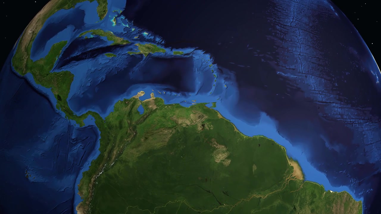 Digital animation zooms from outer space into South America, pinpointing Barcelona, Venezuela with text