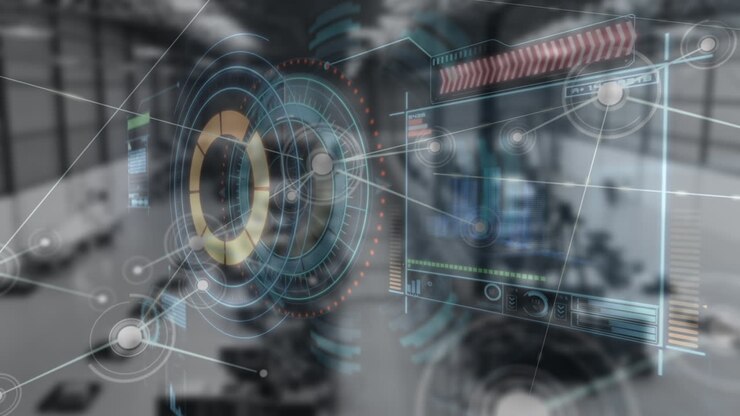 Animation of digital screen with diverse data with processing circle over blurred warehouse