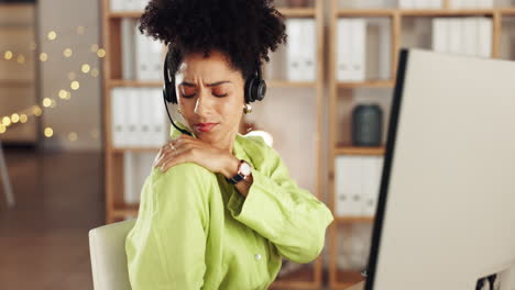 Black-woman,-call-center-and-shoulder-pain-by