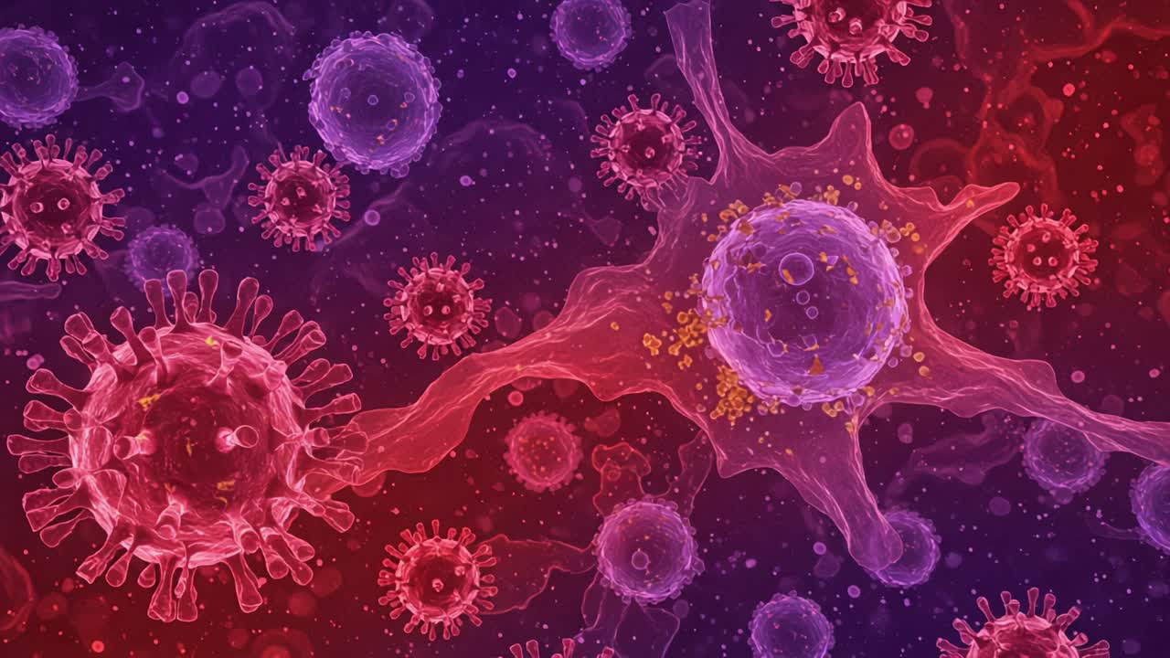 An Artistic Representation of Viral Entities Interacting with Immune Cells in a Colorful Microscopic Environment