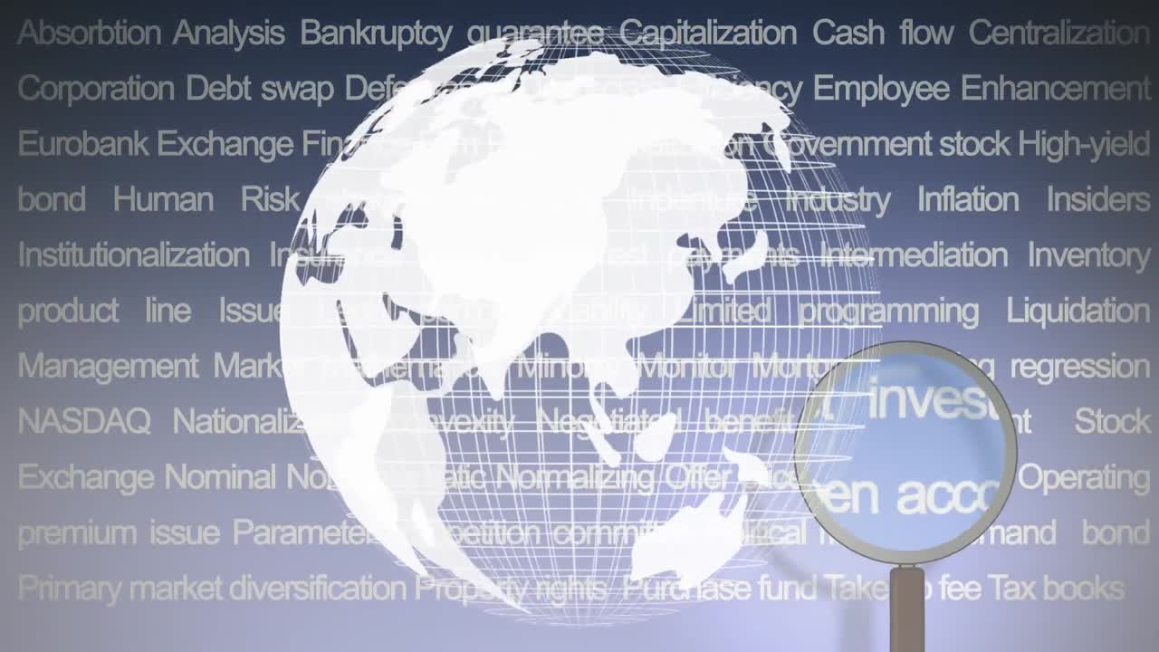 텍스트 위에 확대 유리로 회전하는 지구의 애니메이션