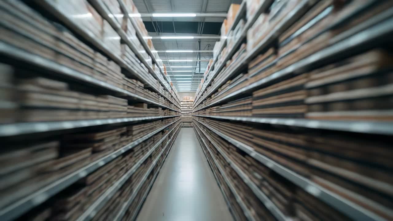 Telecamera che avanza lungo una stretta corsia di magazzino, rivelando scaffalature, pannelli impilati e pallet.