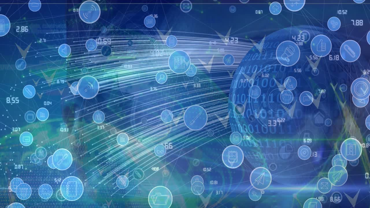 디지털 아이콘 네트워크의 애니메이션과 빛의 흔적과 지구에 대한 데이터 처리