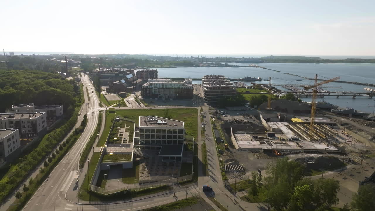 Aerial tracking shot of marina and the Kalamaja district of Tallinn, Estonia