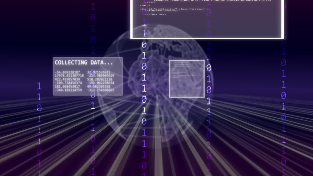animación del procesamiento de datos por computadora, codificación binaria y globo.