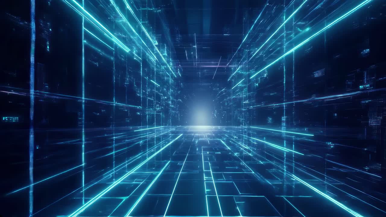 Futuristic digital tunnel with glowing blue lines, creating a sci-fi atmosphere