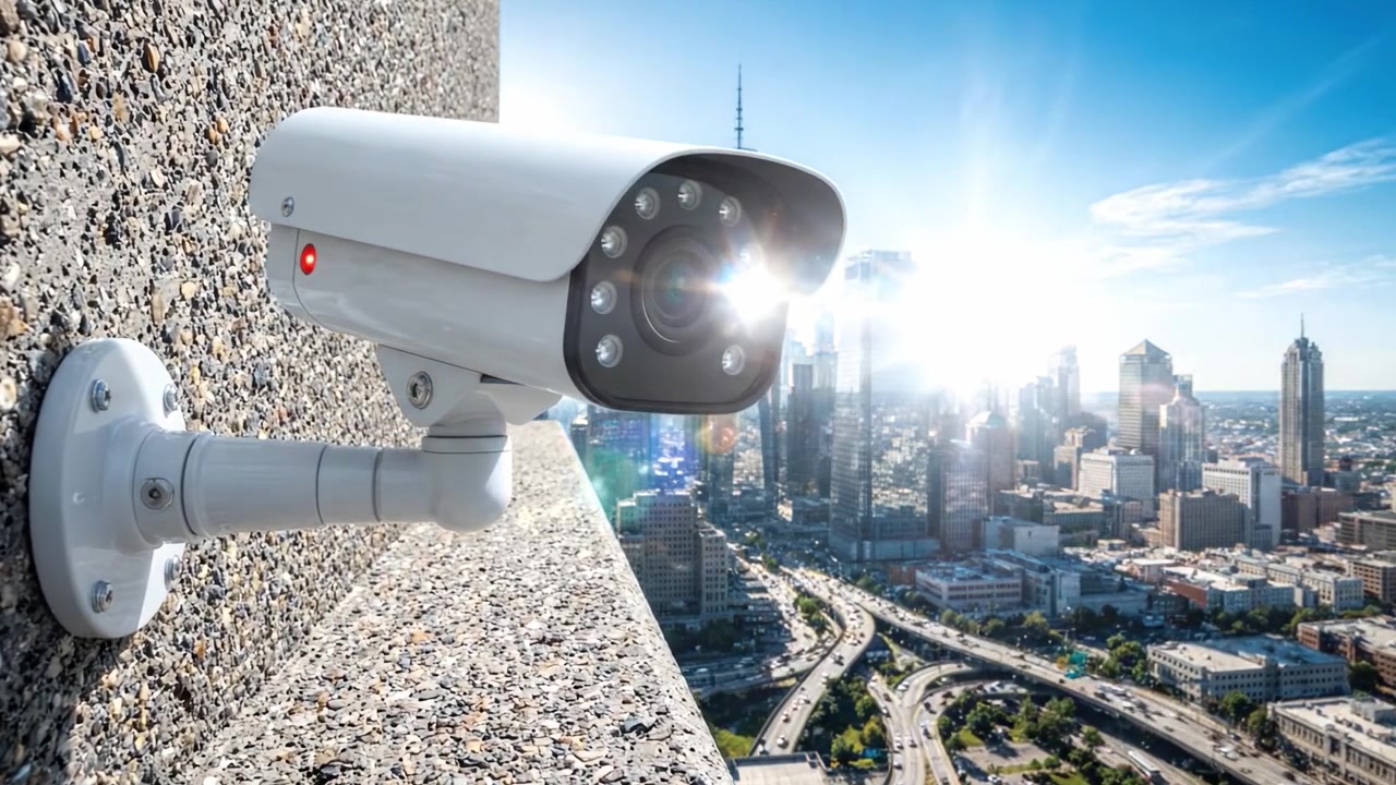 Sorveglianza in città: una telecamera di sicurezza ad alta risoluzione che sorveglia un paesaggio urbano con grattacieli e strade trafficate, garantendo sicurezza e monitorando le attività.