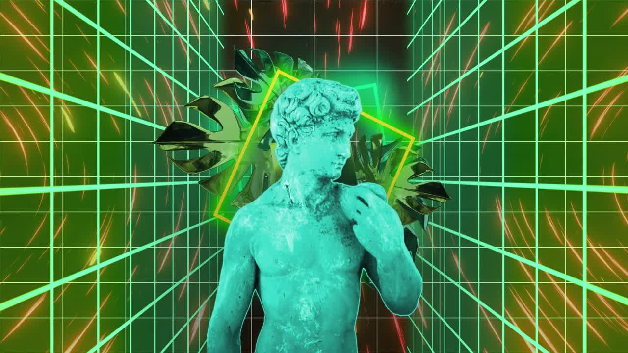 animación de interferencia sobre formas de neón con esculturas, hojas y líneas sobre fondo negro.