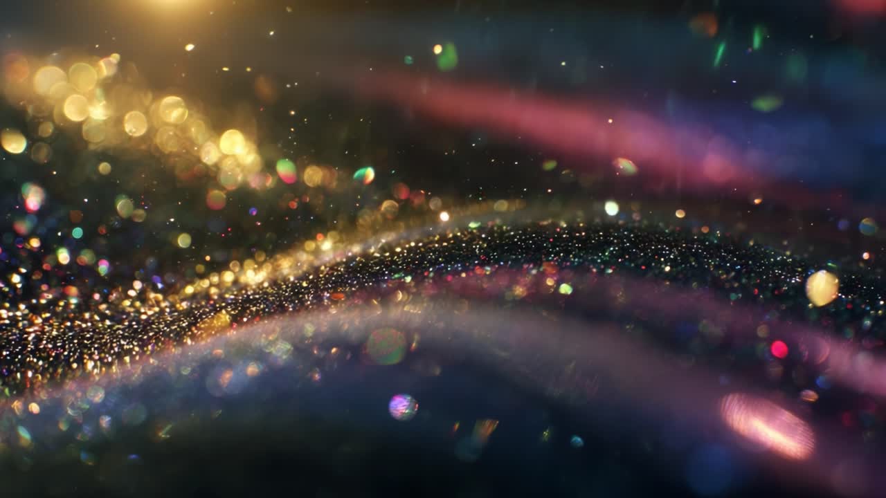 A mesmerizing display of shimmering particles and breathtaking colors dances across a vibrant backdrop, creating a fluid, ethereal ambiance that captivates the senses in a stunning visual spectacle