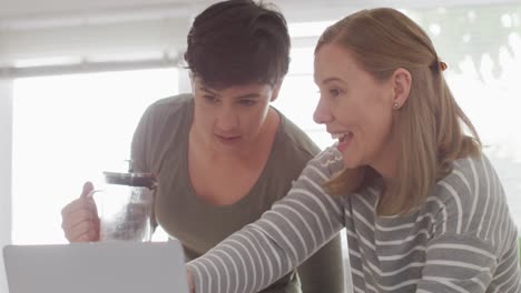 caucasian lesbian couple talking to each other while using laptop at home