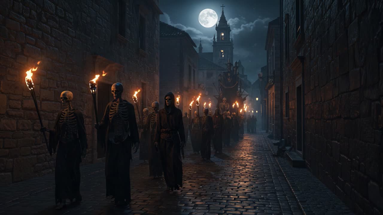 A haunting procession under the full moon reveals a spectral gathering of skeletal figures marching solemnly through a cobblestone street, illuminated by flickering torches