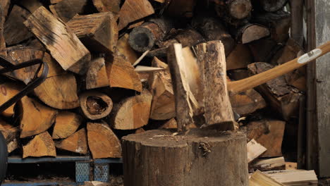Close up of a man splitting a log with a felling axe