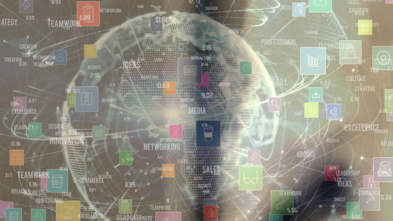 디지털 아이콘과 비즈니스 콘셉트 텍스트의 네트워크 검은색 배경의 글로브에 대해