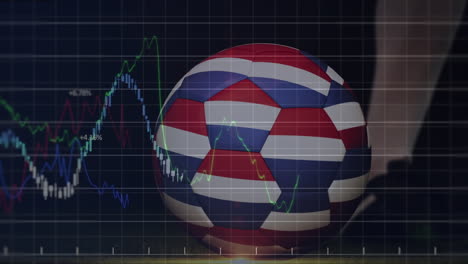 Animation of graphs and numbers over low section of soccer player kicking ball with netherlands flag