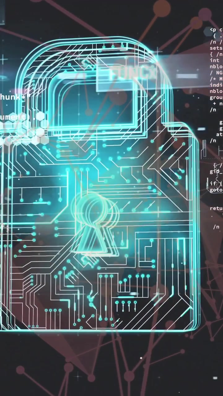Animation of padlock and data processing over circuit board