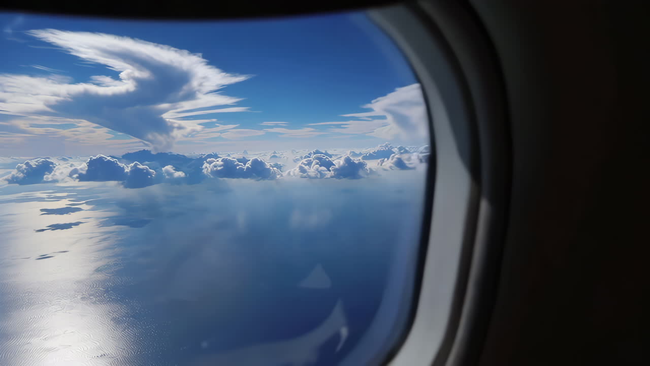 Airplane Window View of Clouds Over Ocean