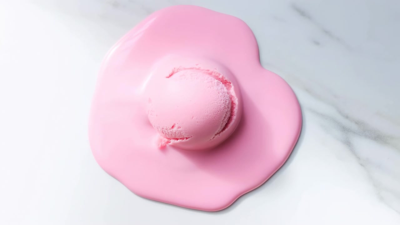 Single pastel pink ice cream scoop partially collapsed as melt spreads outward into glossy puddle on polished white marble, soft creamy texture, clean studio lighting, minimal luxury dessert scene