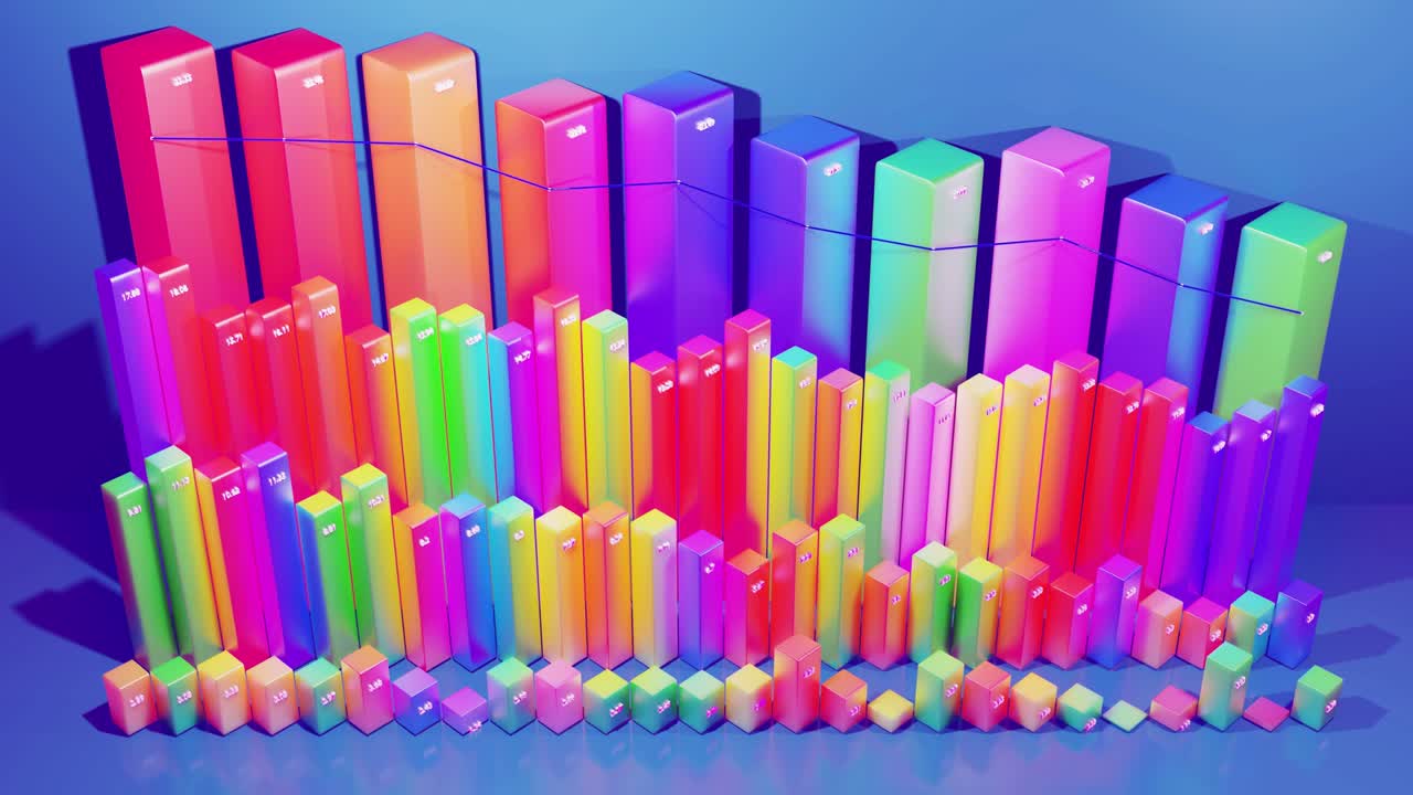 hermoso fondo en bucle 3d para programas analíticos con infografías abstractas, datos estadísticos. barras multicolores, contadores y gráficos. columnas 3d se mueven suavemente arriba y abajo en bucle. bg financiero