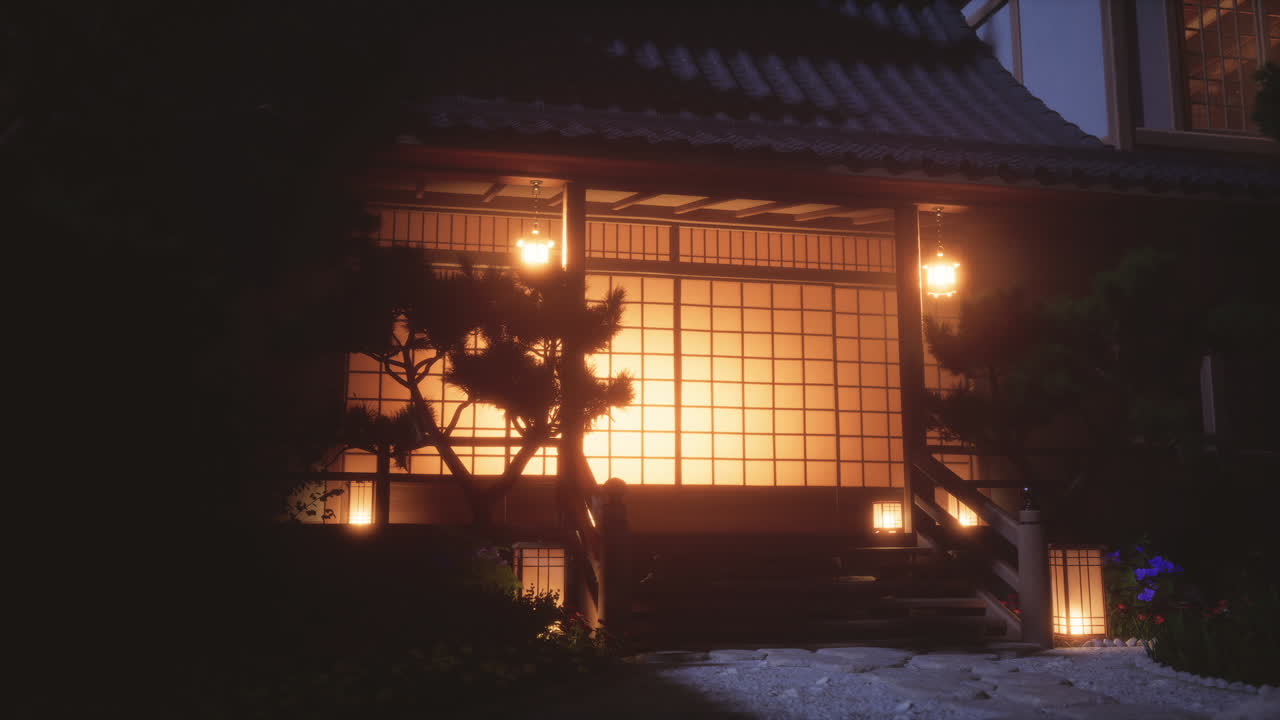 Perinteinen japanilainen talo yöllä