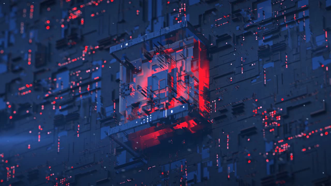 Red central processing unit on blue board seamless loop 3D render animation