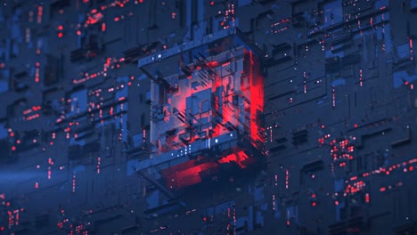 red central processing unit on blue board seamless loop 3d render animation
