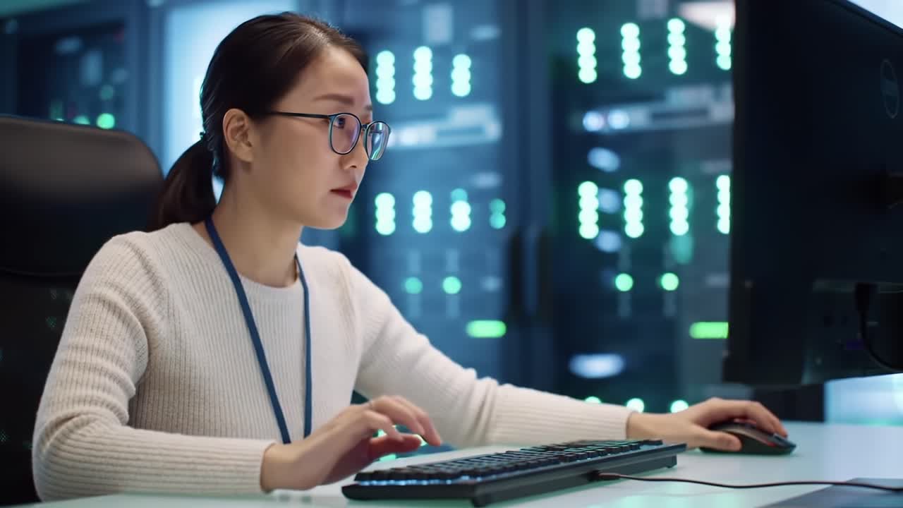 Focused Female Technician Analyzing Data on Computer in High-Tech Server Room, Highlighting the Importance of Technology and Expertise in Modern Workspaces