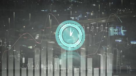 animación de reloj que se mueve rápido y procesamiento de datos estadísticos sobre el paisaje urbano