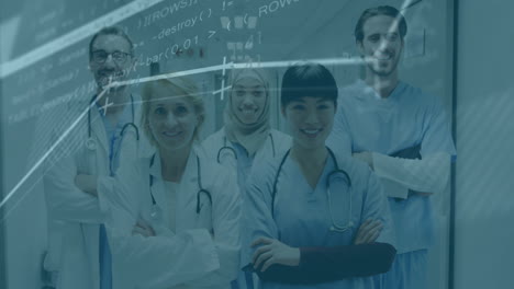 medical data analysis animation over diverse healthcare professionals smiling in hospital