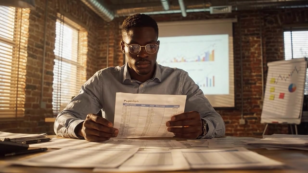 Focused Professional Analyzing Financial Reports and Data Insights in a Well-Lit Office Setting with Charts and Documents Spread Across the Table