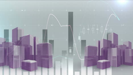 animation of financial data processing over cityscape