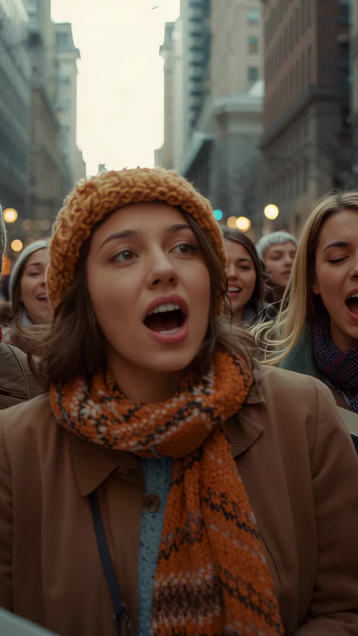 Vertical video: Singing woman wearing orange beanie and scarf on city street, responding to sky cue