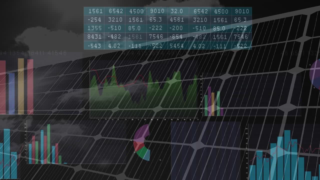 Solar panels with financial graphs and data processing animation overlay