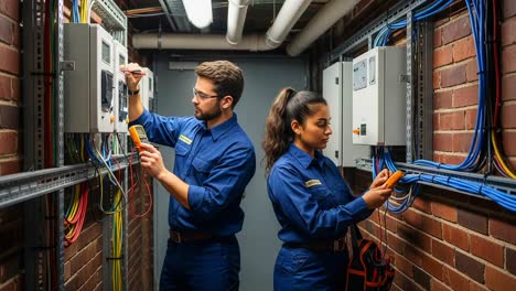 two technicians working on electrical panels: a professional team in blue uniforms engaged in inspections and testing to ensure optimal functionality and safety